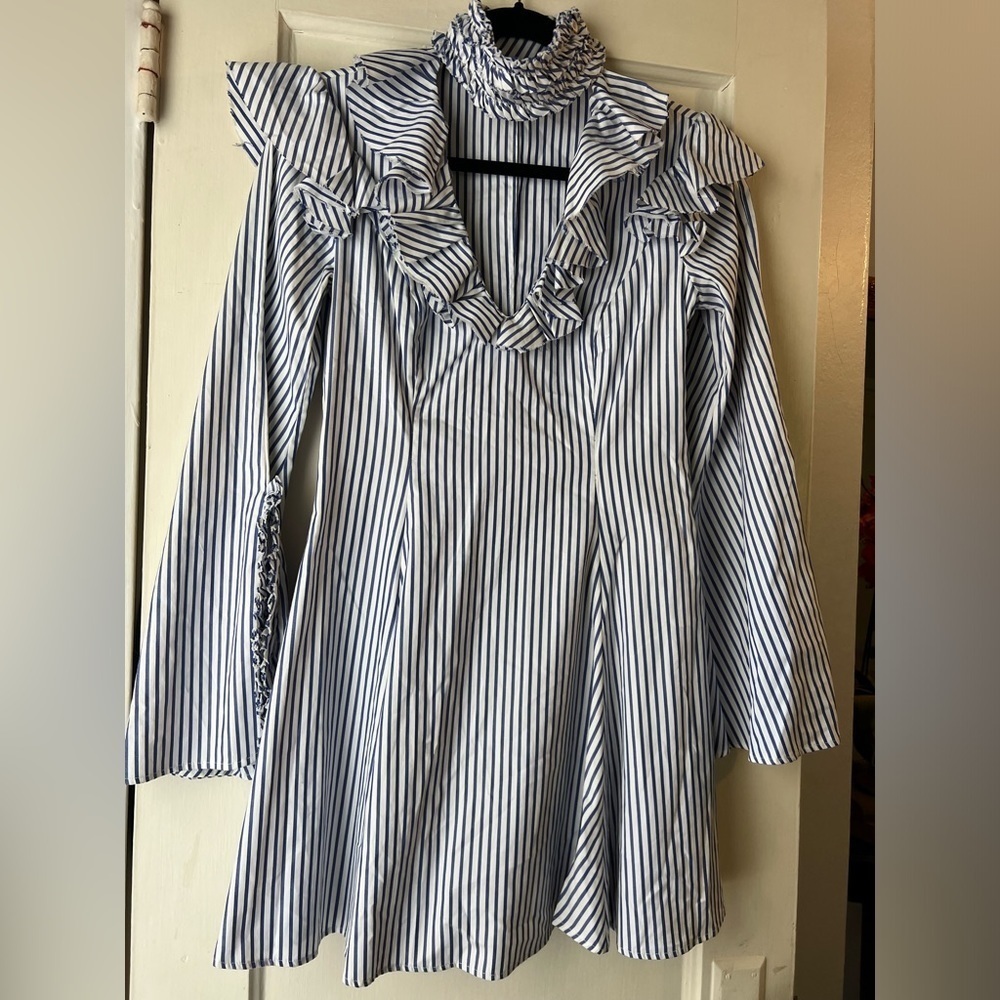 Caroline Constas Micki Choker V Neck Cotton Striped Ruffle Dress 4 - Picture 4 of 13